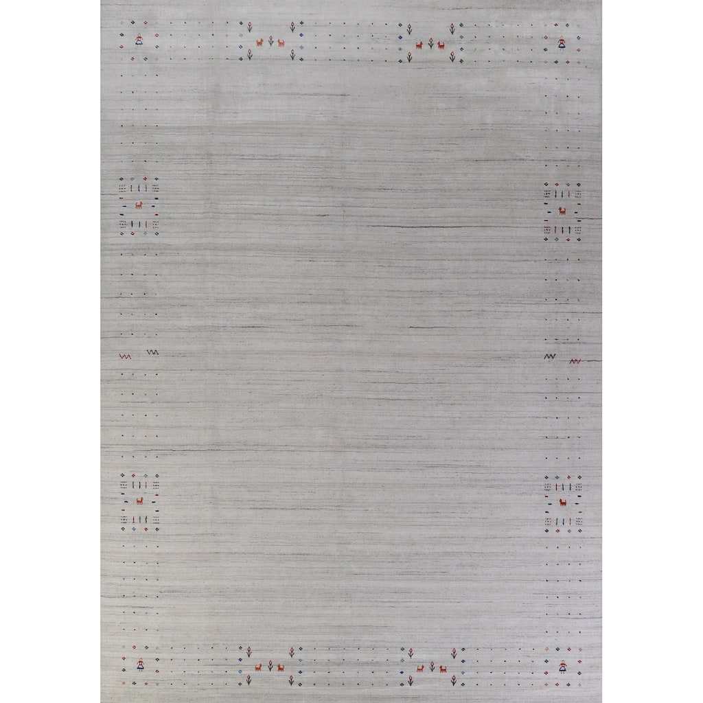 Hand Knotted Oriental 100% Wool Carpet Tribal Stripe Greys & Charcoal Gabbeh Area Rug - 12' 2'' X 9' 1''