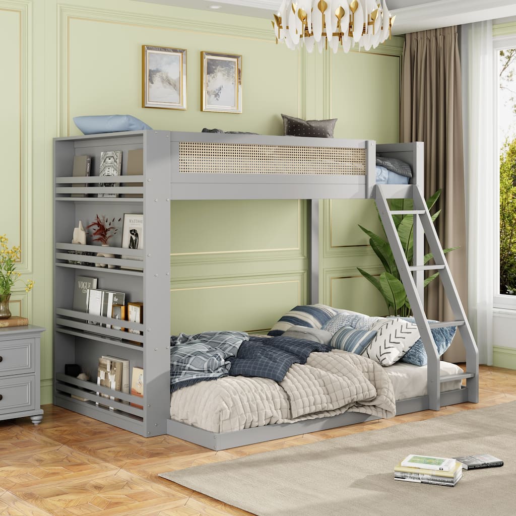 GDFStudio Briar Bunk Bed with LED Light Strip and 4-Tier Bookshelf, Solid Wood