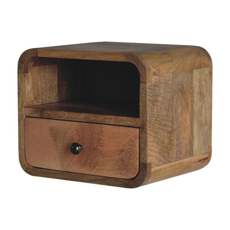 Artisan Furniture Solid Wood Extra Mini Wall Mounted Curved Oak-ish Bedside with Open Slot, Light brown, 1 Drawer ,1 Shelf