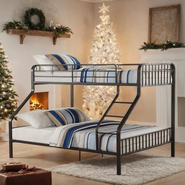 slide 2 of 10, Sturdy Twin XL/Queen Bunk Bed, Metal Frame with Guardrail Black