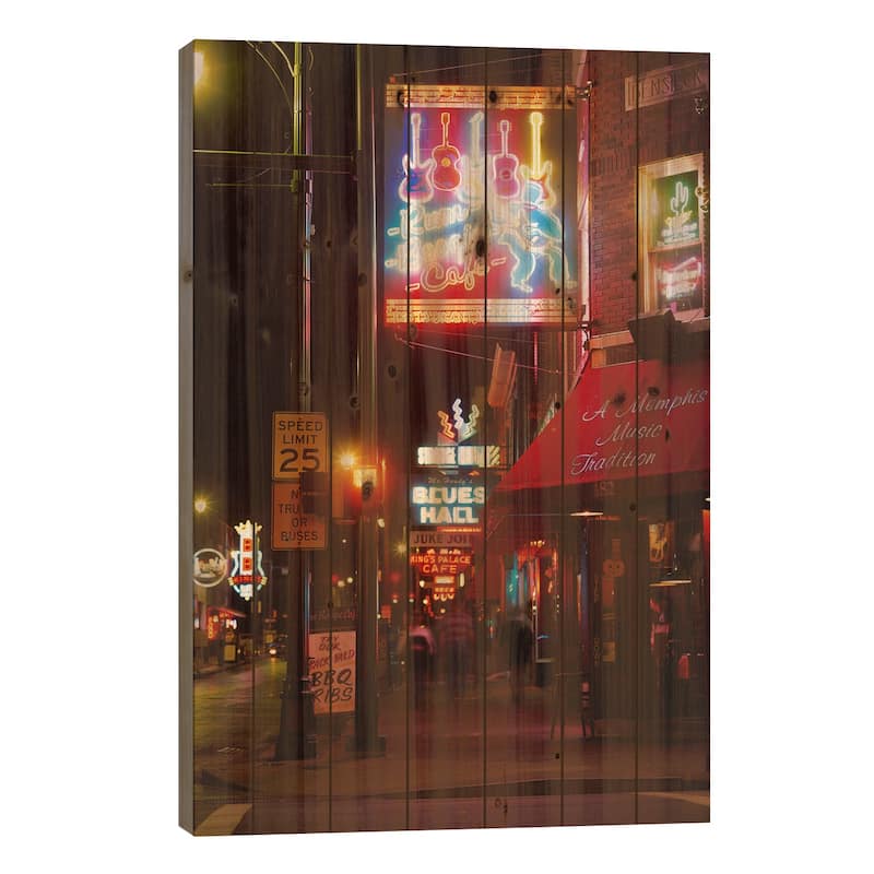 Neon sign lit up at night in a city, Rum Boogie Cafe, Beale Street, Memphis, Tennessee, USA Print On Wood by Panoramic Images - 40x26x1.5