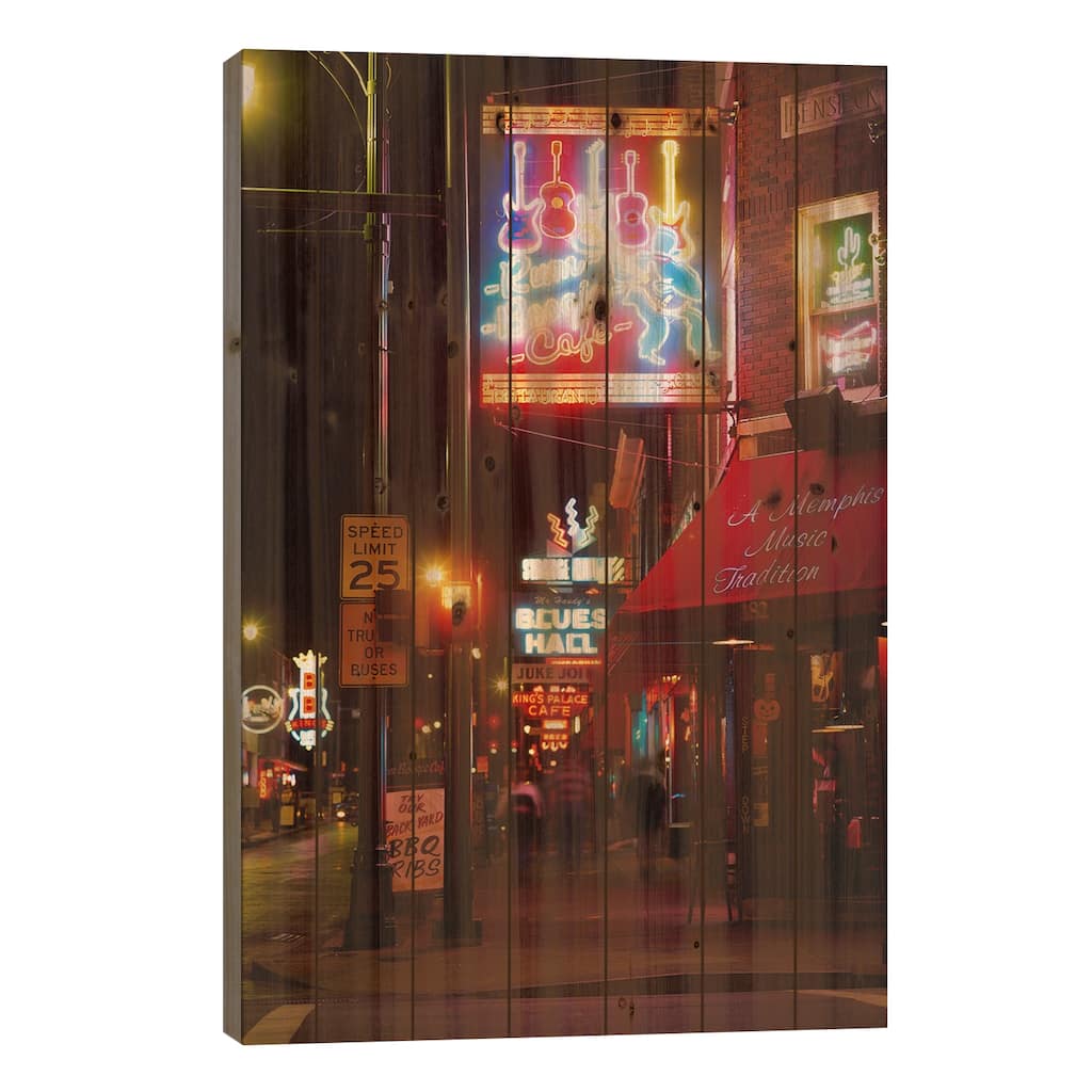 Neon sign lit up at night in a city, Rum Boogie Cafe, Beale Street, Memphis, Tennessee, USA Print On Wood by Panoramic Images