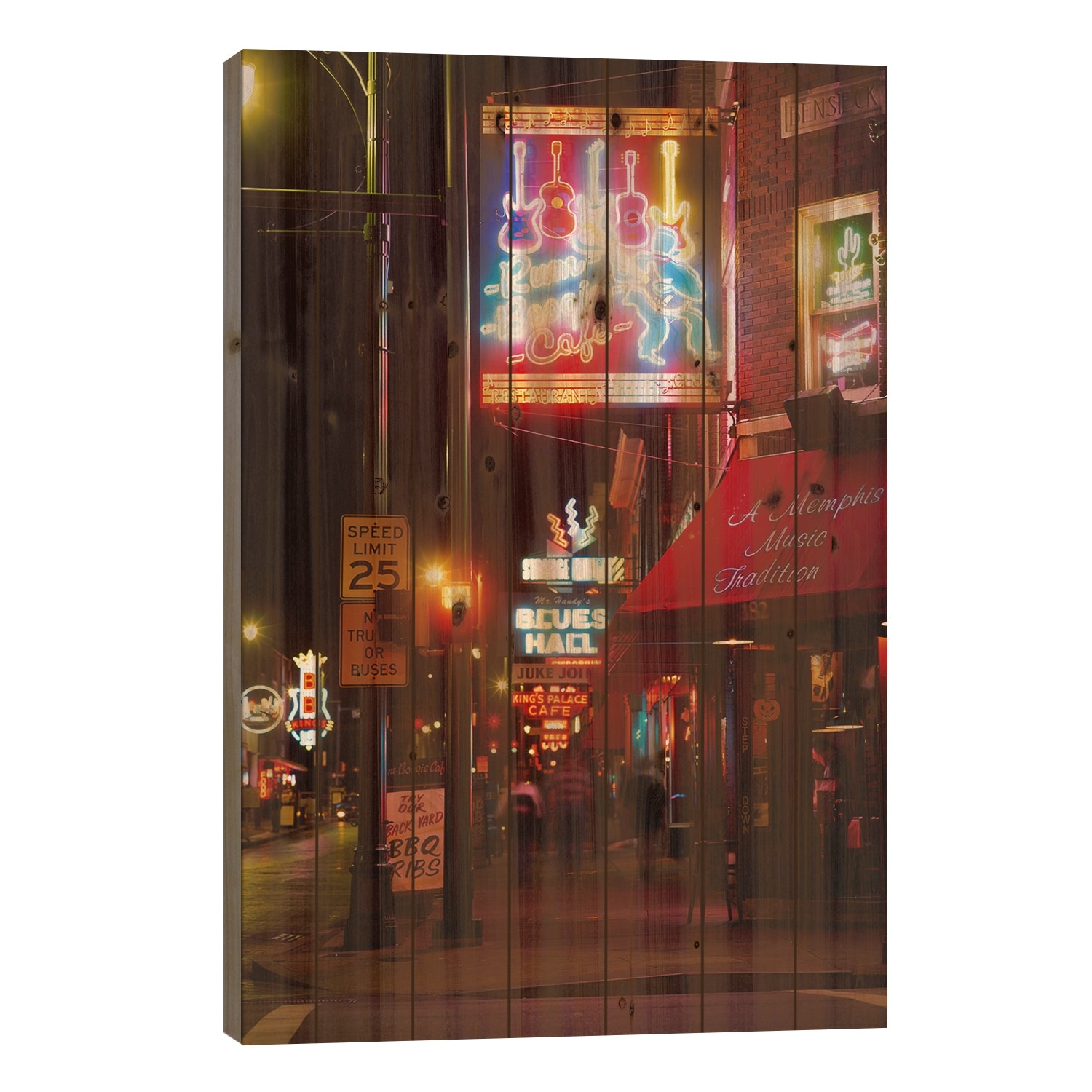 Neon sign lit up at night in a city, Rum Boogie Cafe, Beale Street, Memphis, Tennessee, USA Print On Wood by Panoramic Images