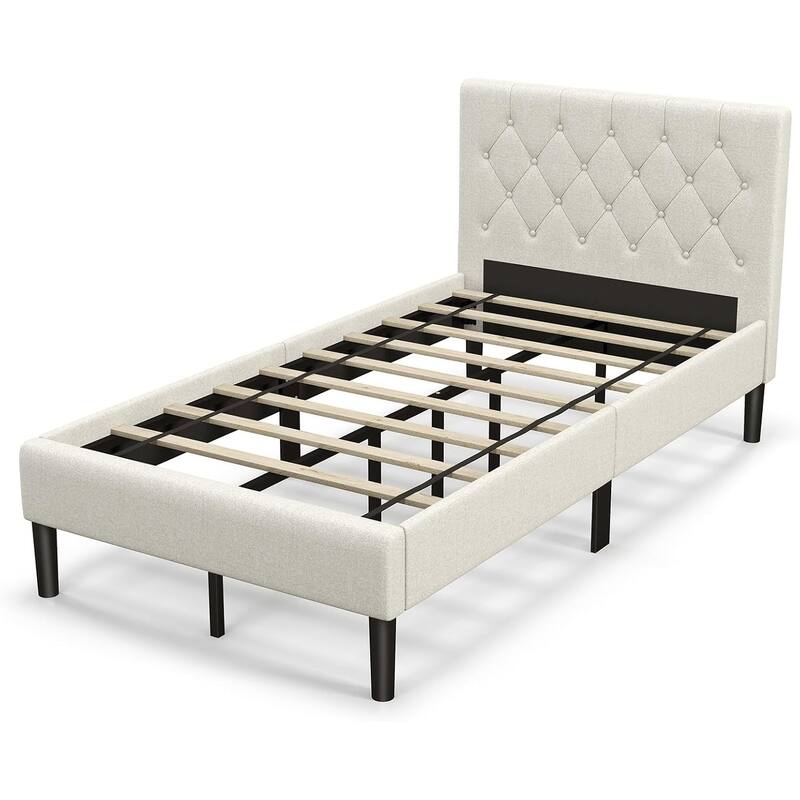 Twin Bed Frames for Kids Upholstered Platform Bed w/ Tufted Headboard - Beige