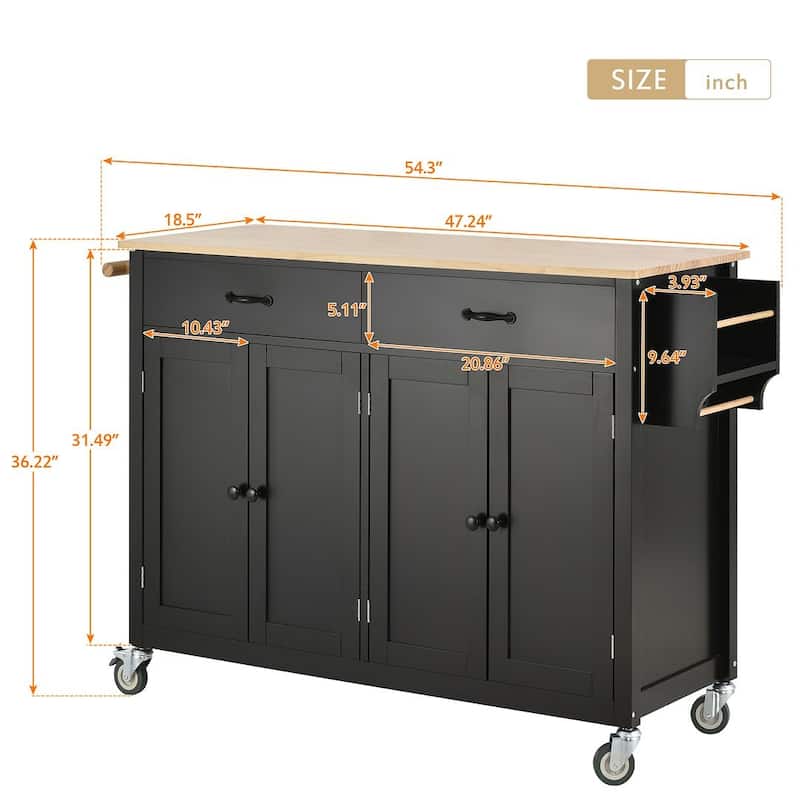 54.3 "W Solid Wood Countertop Kitchen Cart with 4 Door Cabinet and 2 Drawers