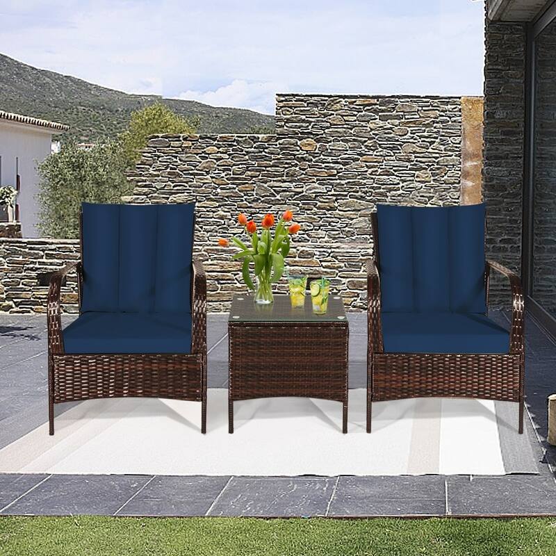 3 Pieces Patio Rattan Conversation Set with Glass Top Coffee Table and Cushions