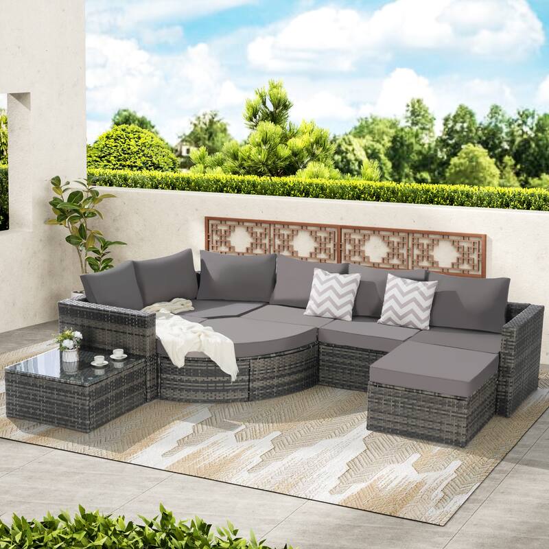 8 Piece Outdoor L Shaped Free Combination Conversation Set, Rattan Patio Sectional Sofa with Curved Ottoman and Coffee Table