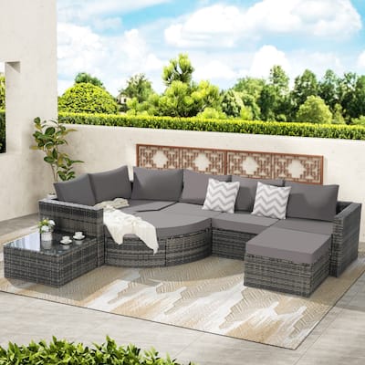 8 Piece Outdoor Patio Sofa Set, L- Shaped Wicker Patio Conversation Set with Curved Ottoman and Removable Cushion