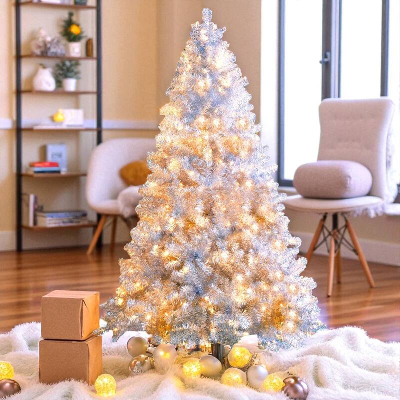 Silver Pre-Lit Artificial Christmas Tree 4FT/6FT/7.4FT with LED Lights, Hinged PVC Full Tree and Metal Stand