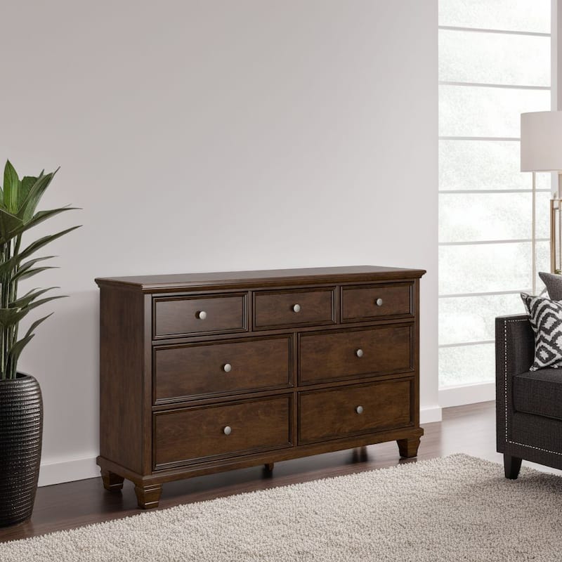 Reno Wide Dresser, 7 Storage Drawers, Nickel Round Knobs, Rich Brown