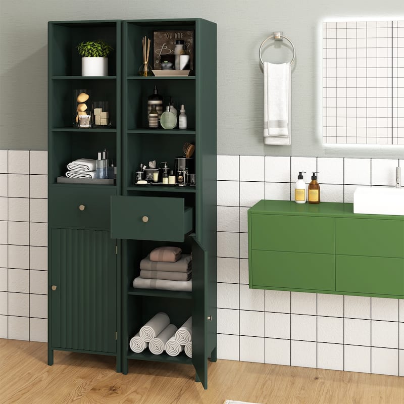 Modern Tall Bathroom Storage Cabinet with Drawer Adjustable Shelves and Wave Fluted Door Green - 16" x 12" x 67"