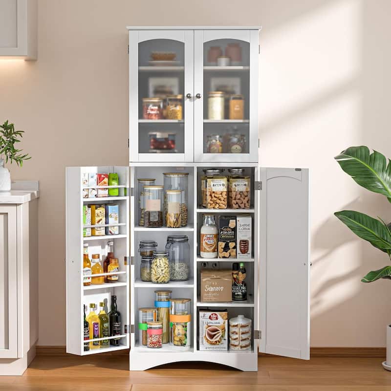 64" Kitchen Pantry Cabinet, Tall Storage Cabinet with Glass Doors and Adjustable Shelves