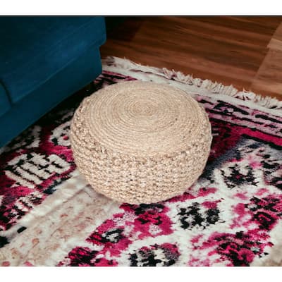 HomeRoots 20" Tan Round Geometric Pouf Ottoman