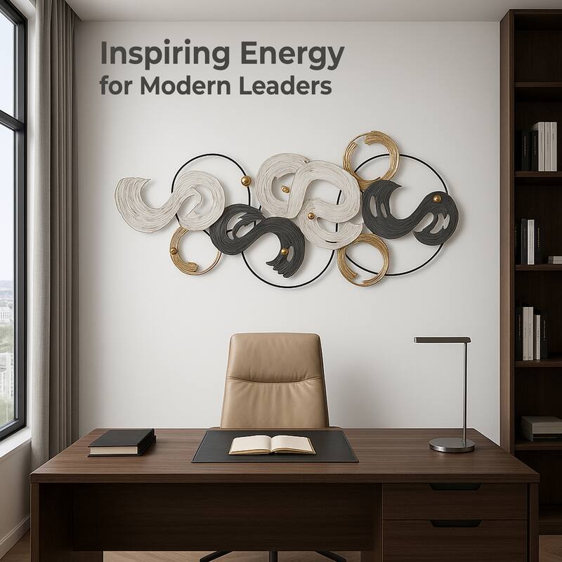 Black White Gold Spiral Metal Wall Art 53x25 Large Landscape Decor