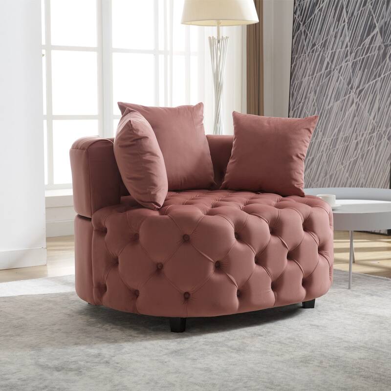 Oversized Barrel Accent Chair with 3 Pillows, Velvet Tufted Upholstered Round Club Chair, Ergonomic Reading Sofa Chair