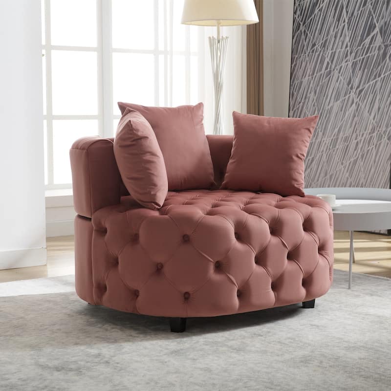 Pink Modern 24" Velvet Upholstered Buttons Tufted Barrel Chair with Pillows