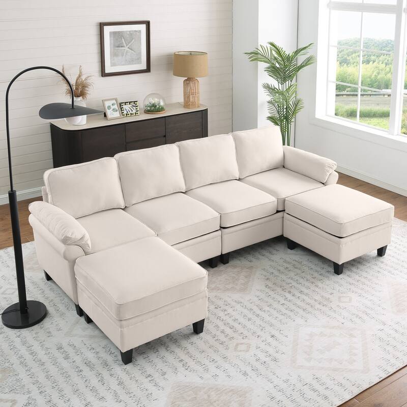 102" U-Shaped Linen Fabric Sectional Sofa with Ottomans