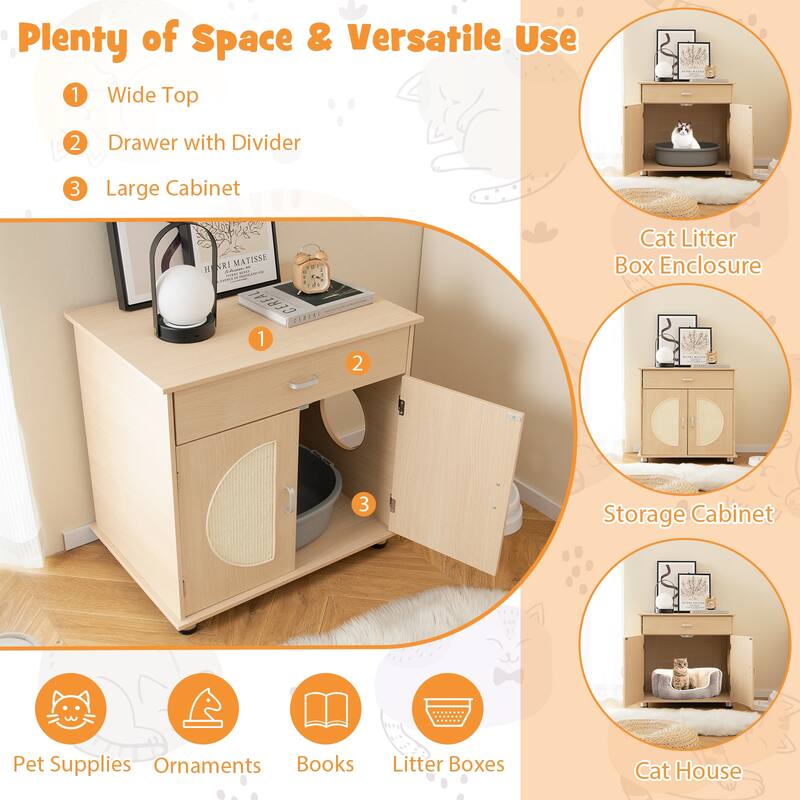 Cat Litter Box Enclosure with Sisal Scratching Doors and Storage-Natural - 26.5" x 19" x 26" (L x W x H)