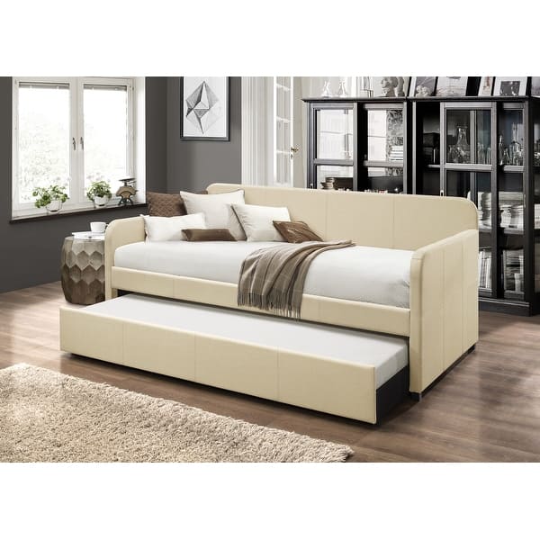 slide 2 of 7, Porch & Den Anthony Upholstered Casual Daybed Set with Trundle Beige - Twin
