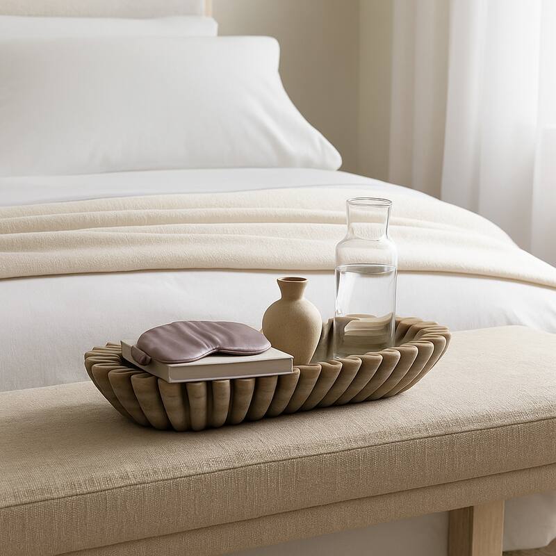 Decorative Wavy Marble Bowl with Ribbed Texture -Home Decor - 16", Tan