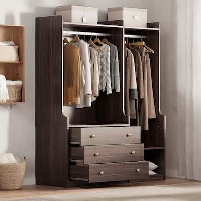 Open Wardrobe Closet with Shelves, Drawers & Dual Rods for Bedroom, Brown
