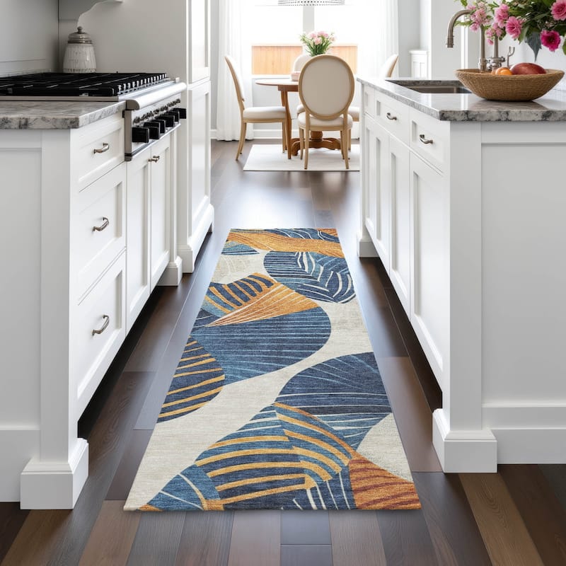 Machine Washable Indoor/Outdoor Coastal Palm Leave Chantille Rug