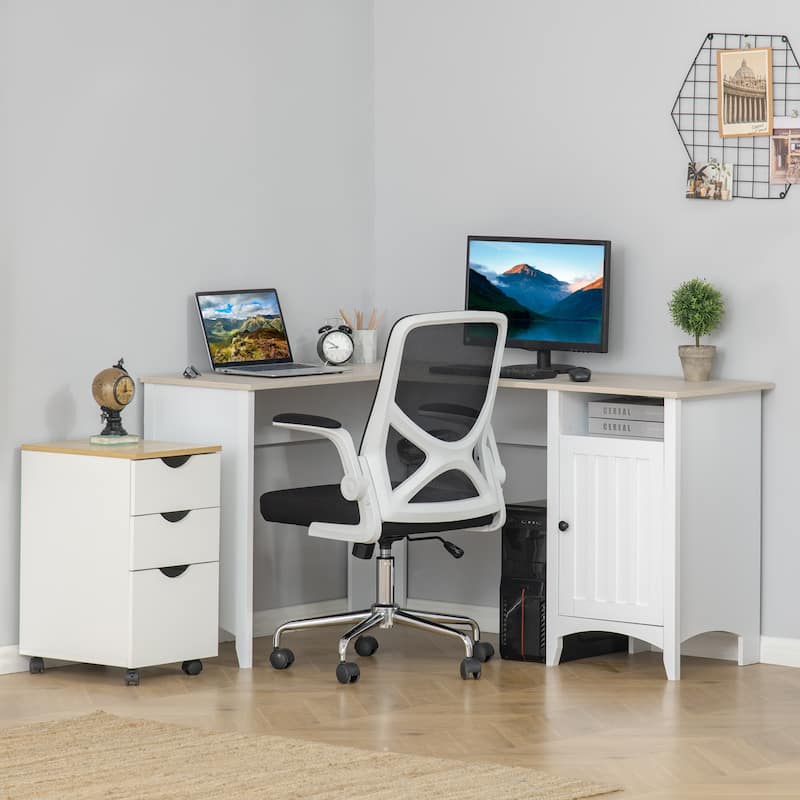 HOMCOM L-Shaped Computer Desk with Open Shelf and Storage Cabinet, Corner Writing Desk with Adjustable Shelf