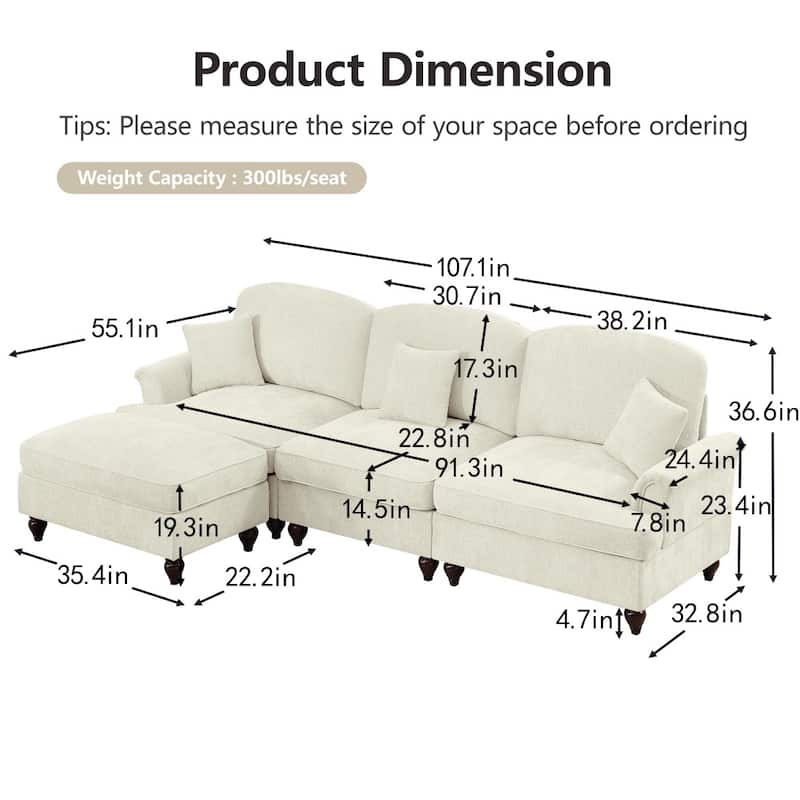 107.1" Modular Chenille L-shaped Sectional Sofa with Removable Ruffles Pleats Skirts