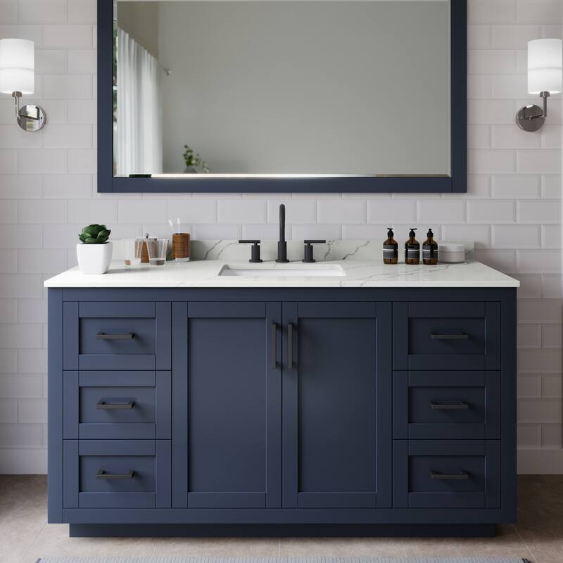 Wyndham Collection WCF292960S-QTZ-US3M58 Miranda 60" Free Standing - Dark Blue / Giotto Quartz Top / Matte Black
