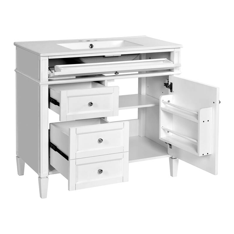 Modern Single Sink Bathroom Vanity Cabinet with Door Rack, Tip-out Drawer, 2 Pull-out Drawers, Metal Knobs and Adjustable Shelf