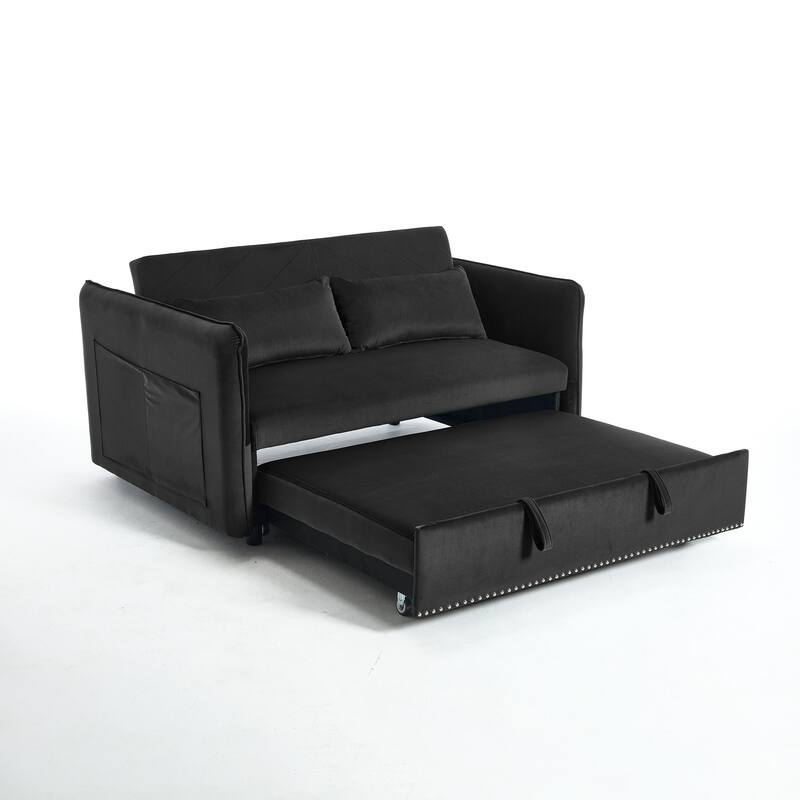 Small Convertible Sofa Bed, 55" Velvet Loveseat Couch with Pull-Out Bed, Pillows, Adjustable Backrest & Side Pockets
