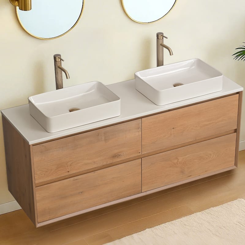 60" Floating Bathroom Vanity Quartz Counter Top with Double Ceramic Vessel Sink