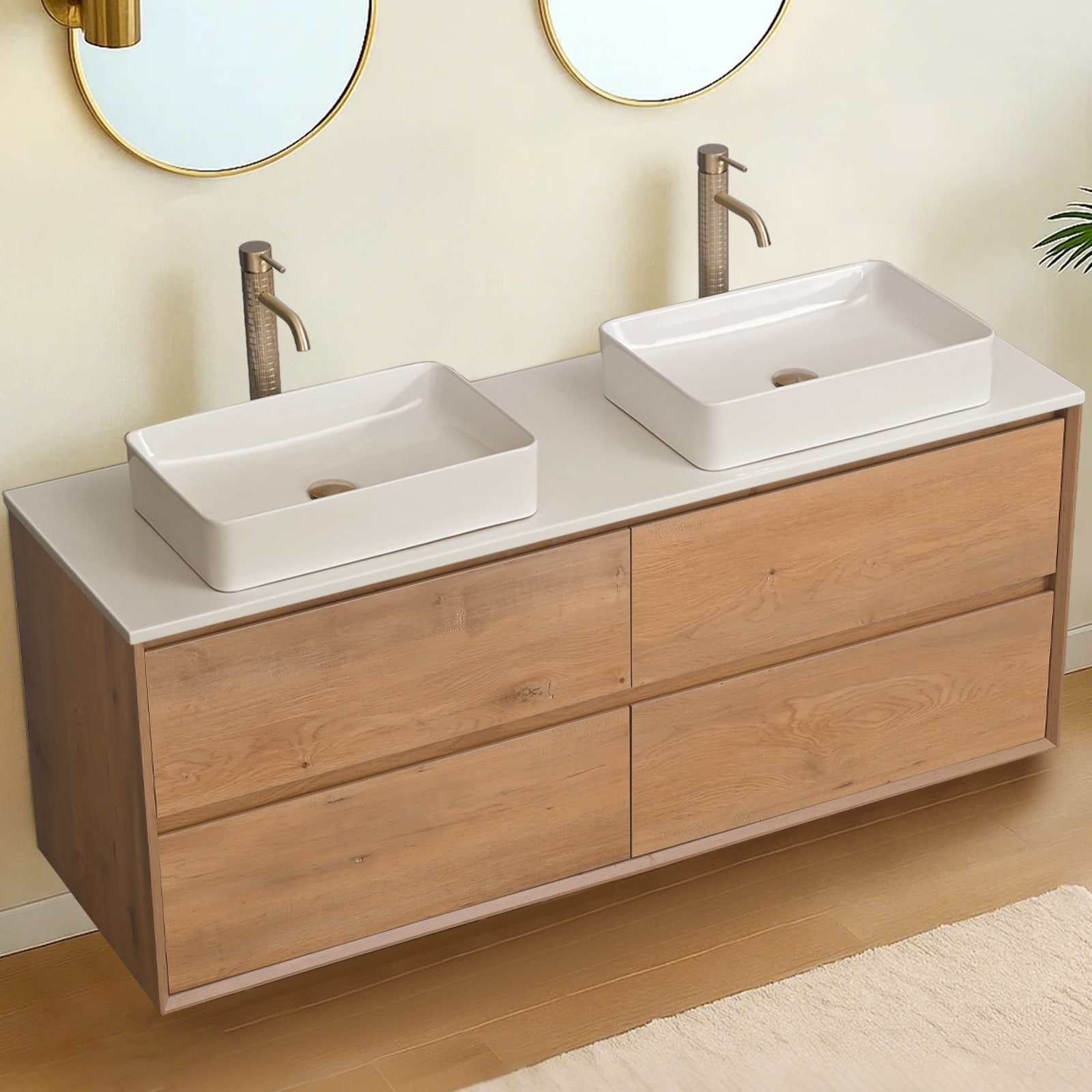 60" Floating Bathroom Vanity Quartz Counter Top with Double Ceramic Vessel Sink