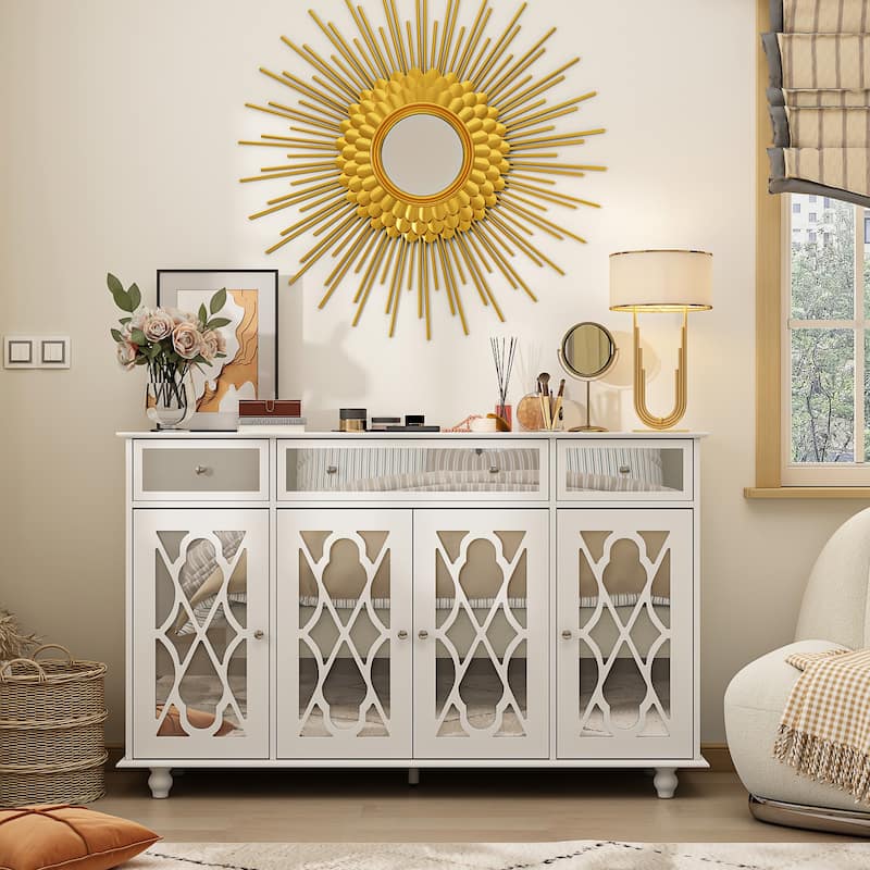 55.1" Accent Storage Cabinet Mirror Sideboard Buffet Cabinet Buffet - 55.1"W - White
