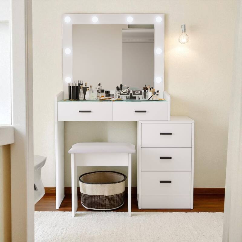 Adjustable Vanity Table with LED Mirror, 5 Drawers, Sliding Storage & Stool, Touch Light Modes - White