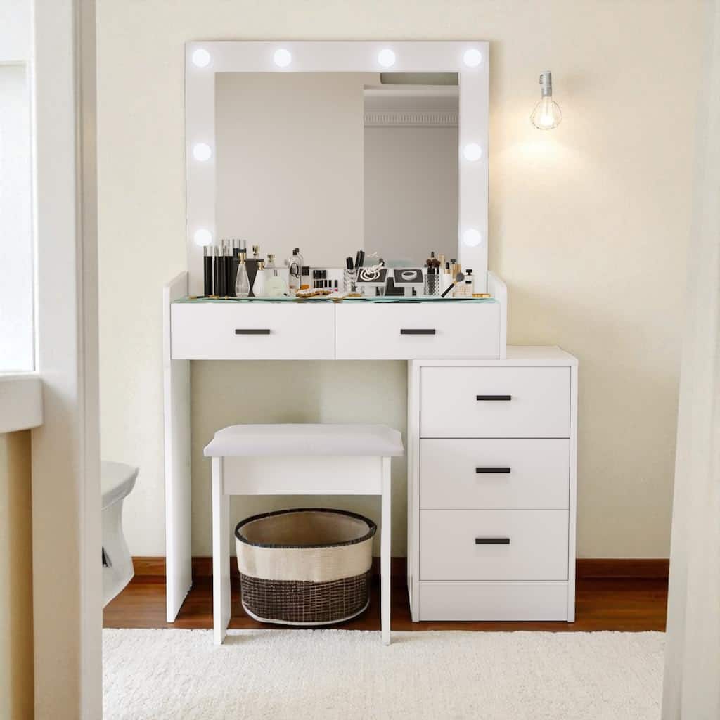 Adjustable Vanity Table with LED Mirror, 5 Drawers, Sliding Storage & Stool, Touch Light Modes