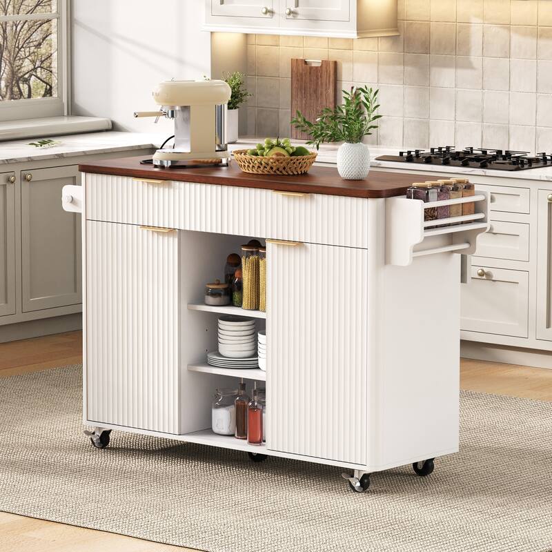 Roomfitters 52" Fluted Kitchen Island with Drop Leaf, Power Outlet & Walnut Wood-Grain Top - White