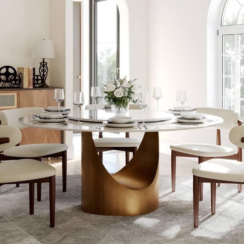 Modern Round Dining Table for Diningroom，White Glossy Stone Tabletop,Bronze Carbon Pedestal