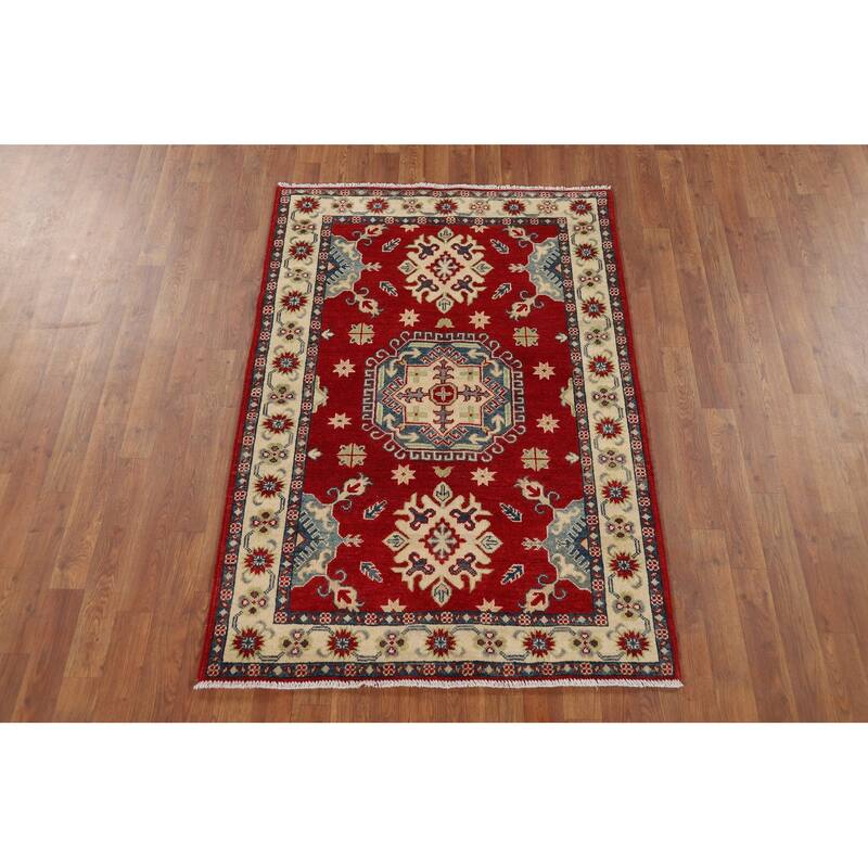 Red Geometric Kazak Rug Hand-Knotted Wool Carpet - 3'5" x 5'0"