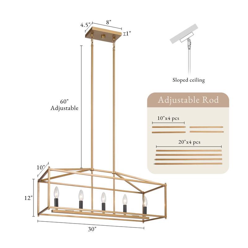 Dilley Modern Gold 5-Light Chandelier Rectangle Kitchen Island Light - 30" L x 10" W x 12" H