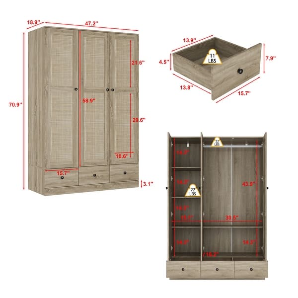dimension image slide 1 of 4, Rattan-Accented Wardrobe - Spacious Clothing Organizer with Style