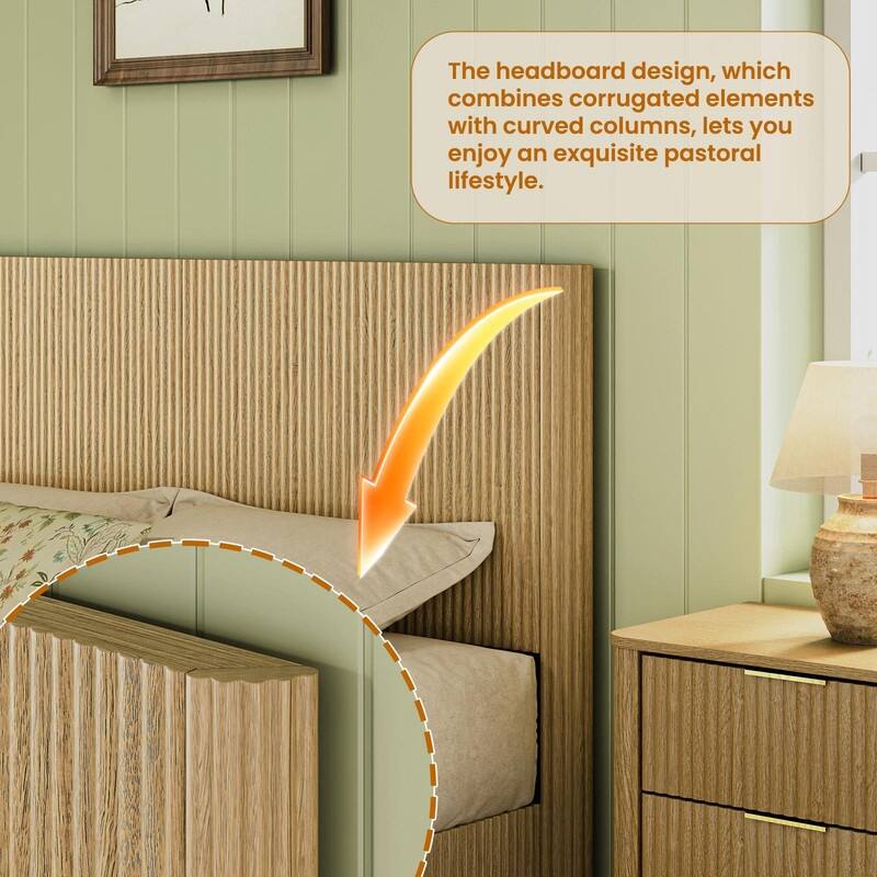 Queen Size Bed Frame with LED Lights, Modern Wooden Bed with Curved Corrugated Panels and Groove Design