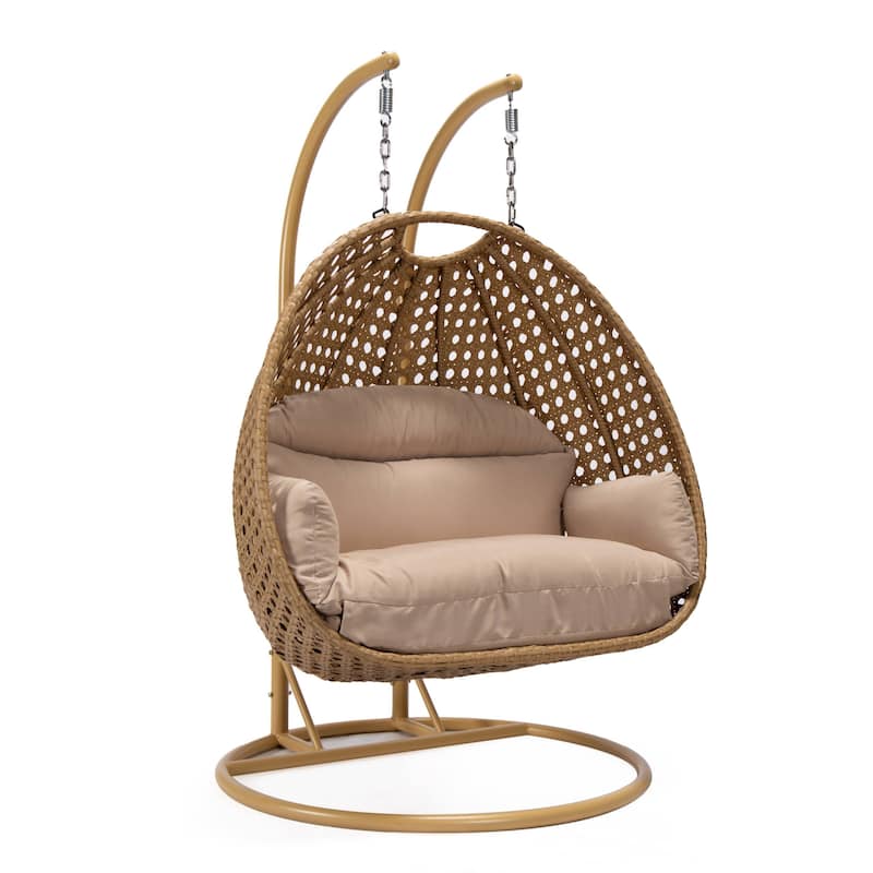 LeisureMod Mendoza 2-Person Hanging Egg Swing Chair - Handcrafted Light Brown Wicker, Patio Hammock Lounger with Cushions - 53" - Beige
