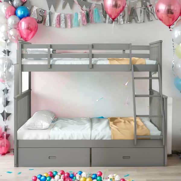 slide 2 of 13, Twin Over Full Wooden Bunk Bed with Drawers,Ladder Grey