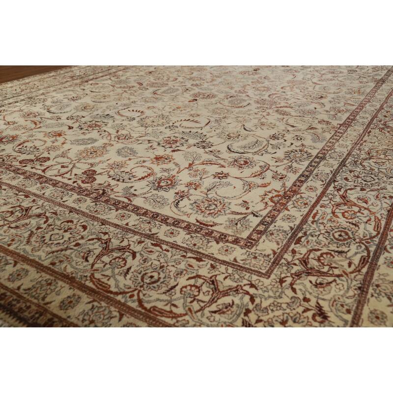 Hand Knotted Oriental 100% Wool Carpet Traditional All-Over Beige & Ivories Tabriz Area Rug - 11' 0'' X 7' 0''