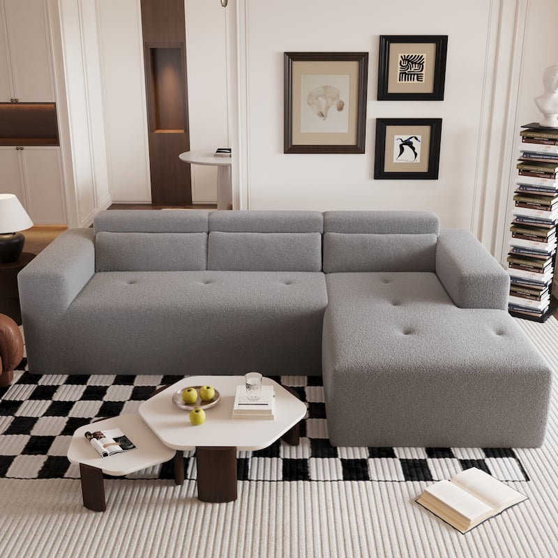 Christopher Knight Home - 109" Modern Modular Sectional Sofa, Teddy Fabric L-Shaped Couch with Chaise & Pillows - Grey