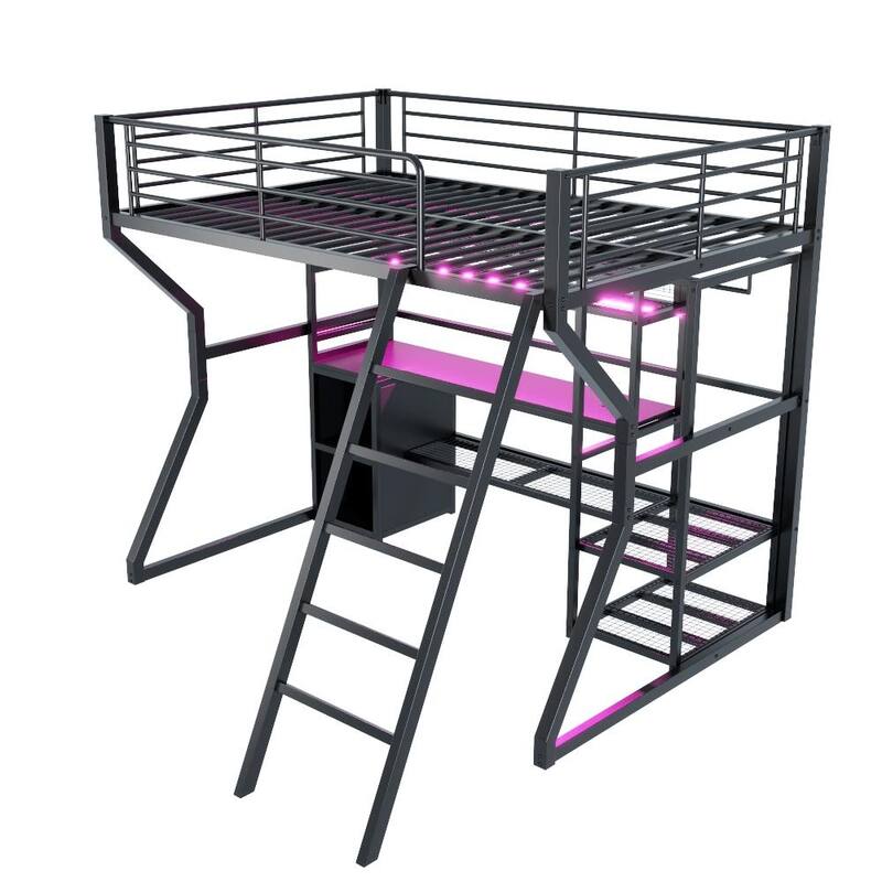Full Size Black Metal Gaming Loft Bed w/ Open Wardrobe & Built-in Work Station, LED Storage Loft Bed Frame for Kids,Teens,Adults
