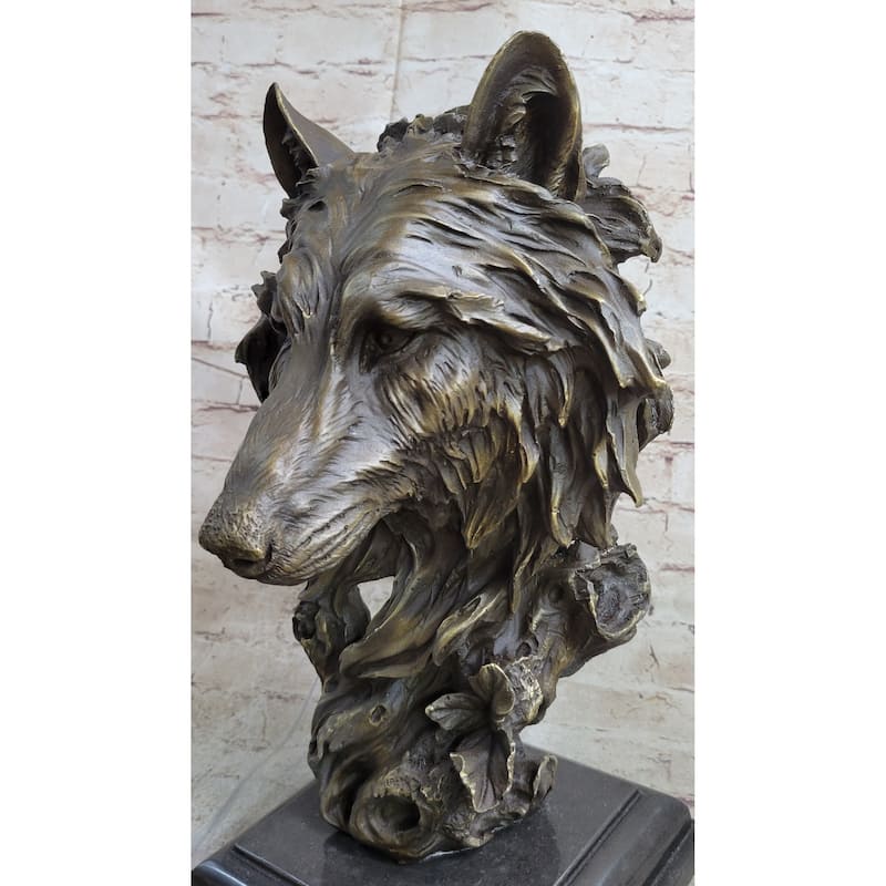 Art Deco Marble Bronze Sculpture Statue Wolf Head Bust Wild Life Garden Figurine