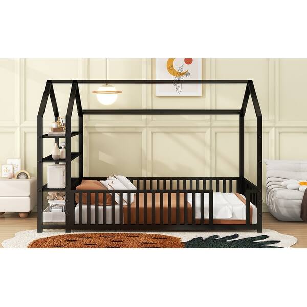 slide 2 of 21, Metal House Bed with Fence and Detachable Storage Shelves
