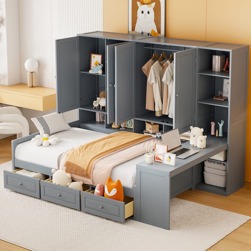 Full Size Wooden Daybed with Three Drawers, All-in-One Cabinet, Desk, and Shelves,Gray